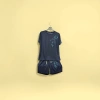 A men's short-sleeved T-shirt and trousers set with dark blue bamboo leaf pattern details Picture
